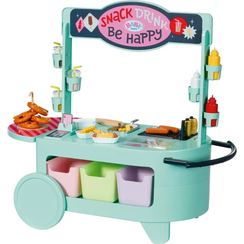 Spielzeug-Snackwagen mit Spielessen, Flaschen und bunten Boxen, beschriftet mit SNACK DRINK Be Happy. Spielzeug-Snackwagen mit Spielessen, Flaschen und bunten Boxen, beschriftet mit SNACK DRINK Be Happy.
