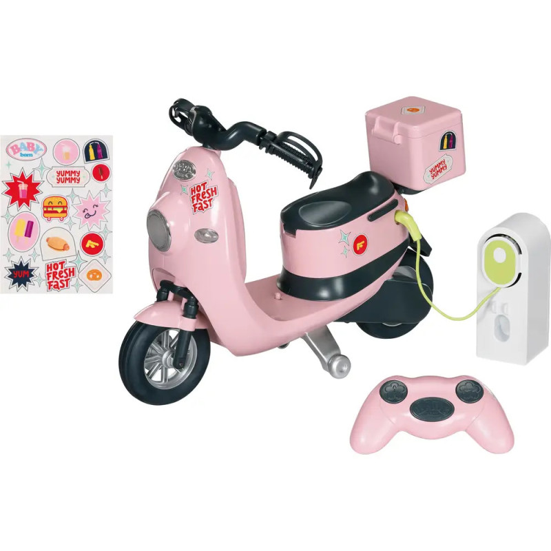 Rosa Spielzeugroller mit Pizzabox, Stickern, Fernbedienung und Ladestation als Zubehör. Rosa Spielzeugroller mit Pizzabox, Stickern, Fernbedienung und Ladestation als Zubehör.