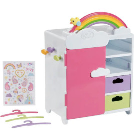 Bunte Spielzeug-Garderobe mit Regenbogen-Griff, Stickern und drei kleinen Bügeln für Kinder.