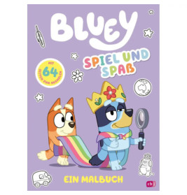 Bluey und Bingo verkleidet auf lila Activity-Buch mit deutschem Text und spielerischen Kritzeleien.