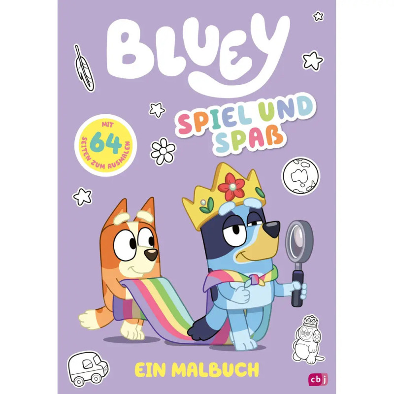 Bluey und Bingo verkleidet auf lila Activity-Buch mit deutschem Text und spielerischen Kritzeleien.