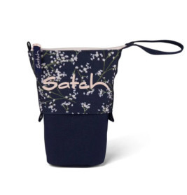 Dunkelblaue Satch-Tasche mit Blumenmuster, Reißverschluss und Handgelenkschlaufe.