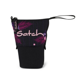 Schwarzer und lila Flaschenhalter mit Reißverschluss, Satch-Logo und pinken Palmenblättern.