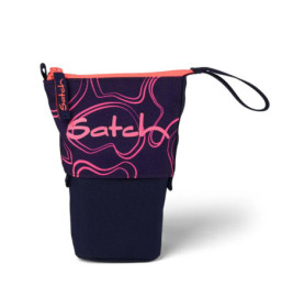 Kleine marineblaue und pinke Tasche mit Reißverschluss, Henkel, abstraktem Pinkmuster und Satch-Logo.