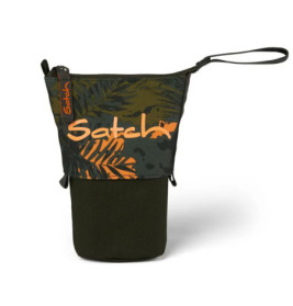 Dunkelgrüner Flaschenhalter mit Blattmuster, orangem Satch-Schriftzug und Handschlaufe.