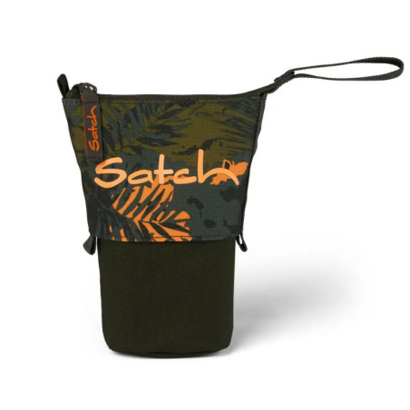 Dunkelgrüner Flaschenhalter mit Blattmuster, orangem Satch-Schriftzug und Handschlaufe.