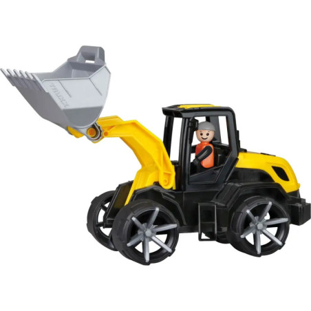 Gelber Spielzeuglader mit beweglicher Frontschaufel und einer lächelnden Figur im Führerhaus.