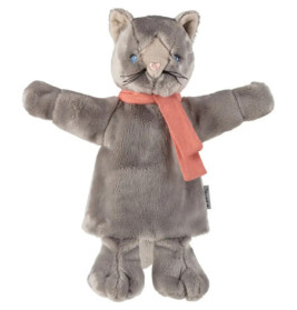 Graue Katzen-Handpuppe aus Plüsch mit rosa Schal, blauen Augen und gestickten Details vor weißem Hintergrund.