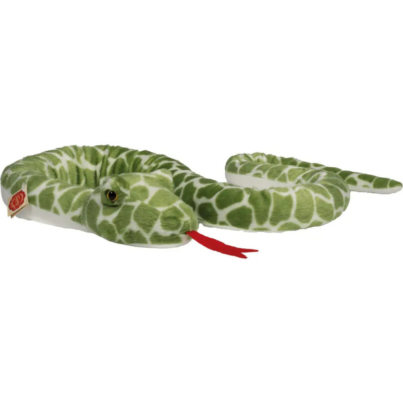 Grünes Plüsch-Schlangenspielzeug mit roter, gespaltener Zunge und schuppenartigem Muster.