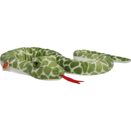 Grünes Plüsch-Schlangenspielzeug mit roter, gespaltener Zunge und schuppenartigem Muster.