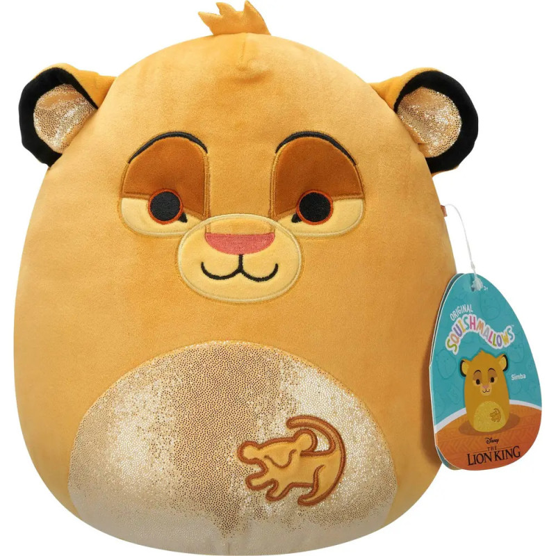 Ein Simba-Squishmallow aus Der König der Löwen mit einem Etikett an der Seite.