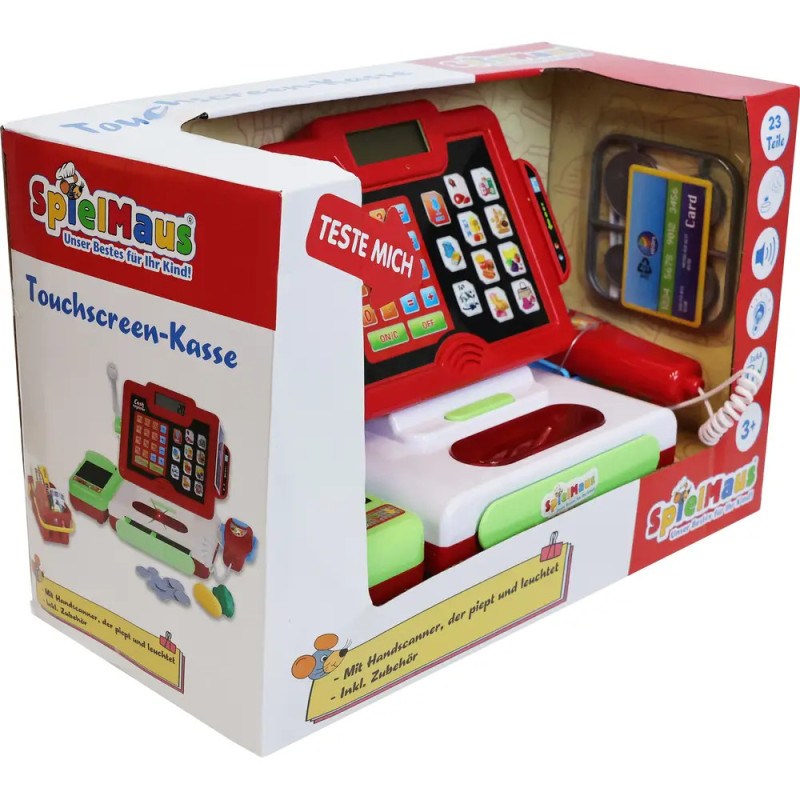 SpielMaus Kassen-Spielset mit Touchscreen und Zubehör, originalverpackt mit Markenlogo auf der Schachtel.