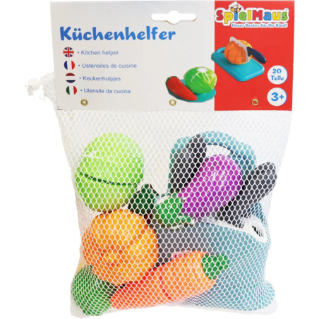 Netzbeutel mit buntem Spielzeugküchenzubehör und Gemüse, beschriftet als Küchenhelfer für Kinder ab 3 Jahren.