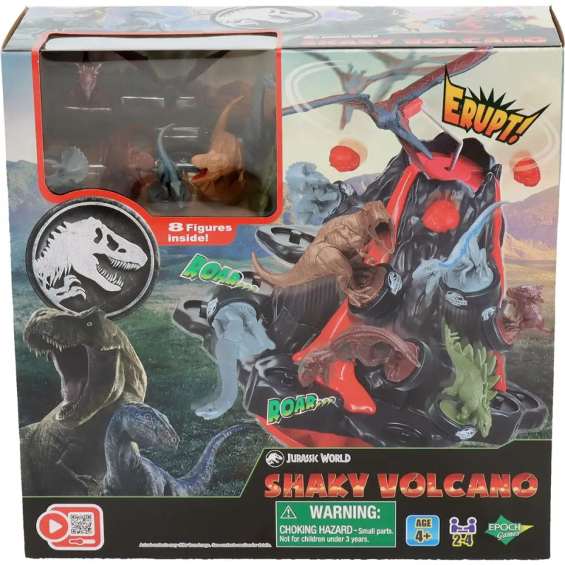 Jurassic World Shaky Volcano Spielzeugbox mit Dinosaurierfiguren und einem ausbrechenden Vulkan auf der Vorderseite.