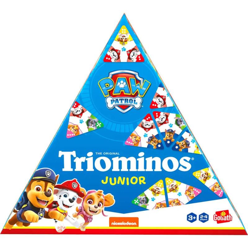 Dreieckige Triominos Junior Paw Patrol Box mit Paw Patrol Figuren und bunten Spielsteinen.