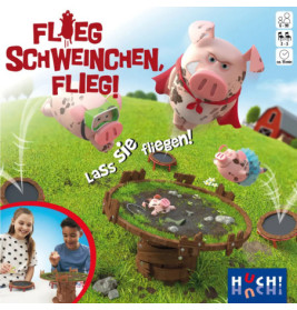 Spielschachtel von Flieg Schweinchen, Flieg! mit fliegenden Schweinen und Kindern am Spieletisch.