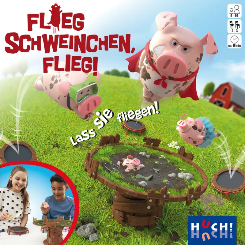 Spielschachtel von Flieg Schweinchen, Flieg! mit fliegenden Schweinen und Kindern am Spieletisch. Spielschachtel von Flieg Schweinchen, Flieg! mit fliegenden Schweinen und Kindern am Spieletisch.