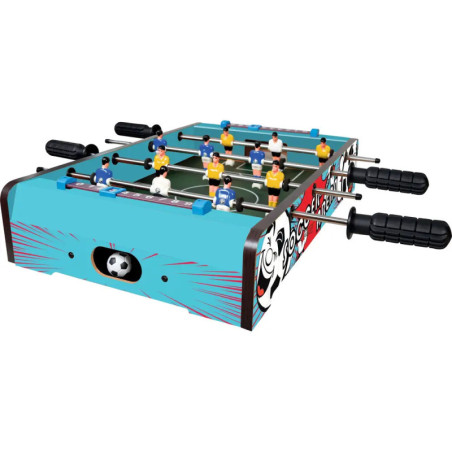 Tischfußballspiel mit blau-rotem Design, Miniaturspielern und Griffen. Tischfußballspiel mit blau-rotem Design, Miniaturspielern und Griffen.