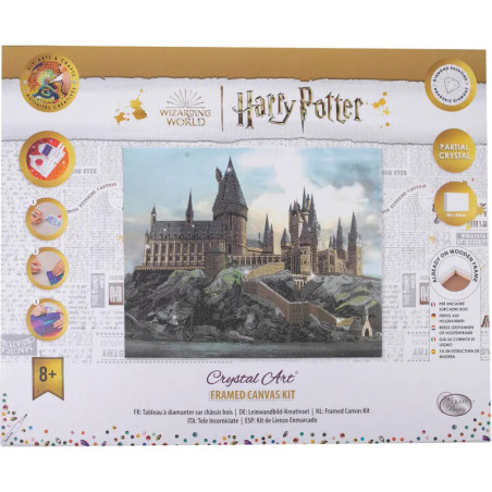 Harry Potter Crystal Art Leinwand-Set mit Hogwarts-Motiv und Schritt-für-Schritt-Anleitung um das Bild.