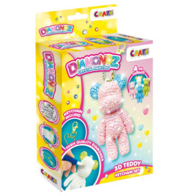 Diamond Painting 3D Teddy Schlüsselanhänger Bastelset-Box mit buntem Bär und Kristalldesigns auf der Verpackung.