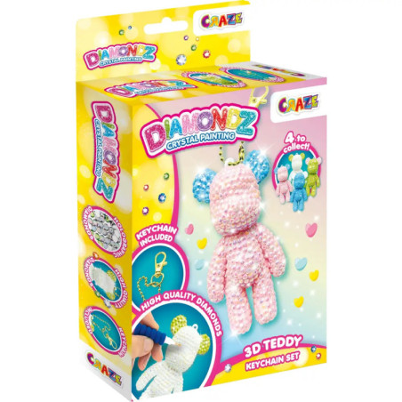 Diamond Painting 3D Teddy Schlüsselanhänger Bastelset-Box mit buntem Bär und Kristalldesigns auf der Verpackung.