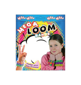 Packung Mega Loom Bands mit Mädchen, das bunte Loom-Band-Armbänder am Handgelenk trägt.