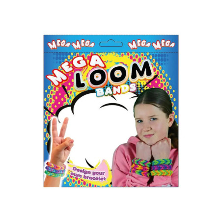 Packung Mega Loom Bands mit Mädchen, das bunte Loom-Band-Armbänder am Handgelenk trägt.