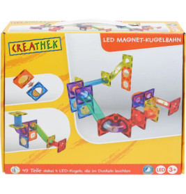 Bunte Verpackung eines CREATHEK LED Magnet-Murmelbahnsets mit Magnetstrecken und Murmeln auf der Vorderseite.