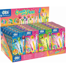 Bunte Box mit Create your Pens-Sets, dekorierten Stiften und Comicfiguren auf der Verpackung.