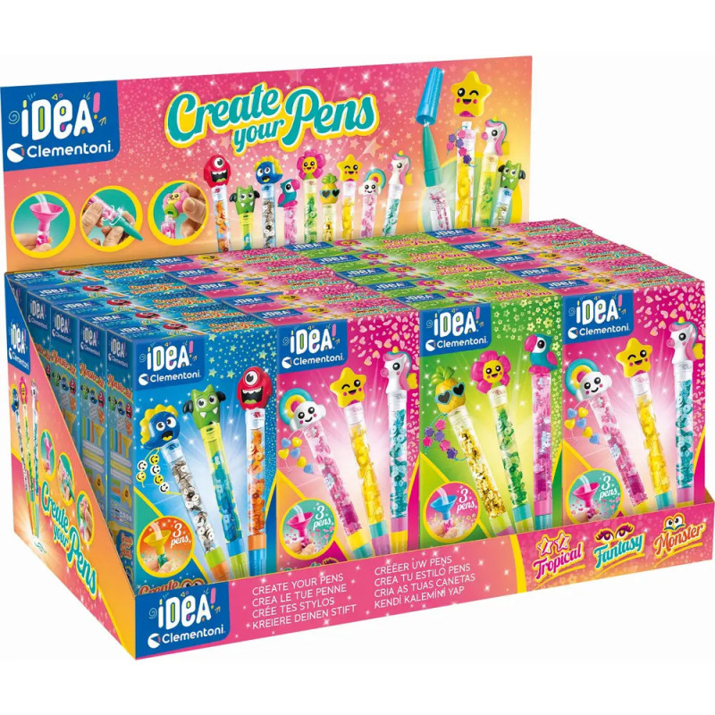Bunte Box mit Create your Pens-Sets, dekorierten Stiften und Comicfiguren auf der Verpackung.