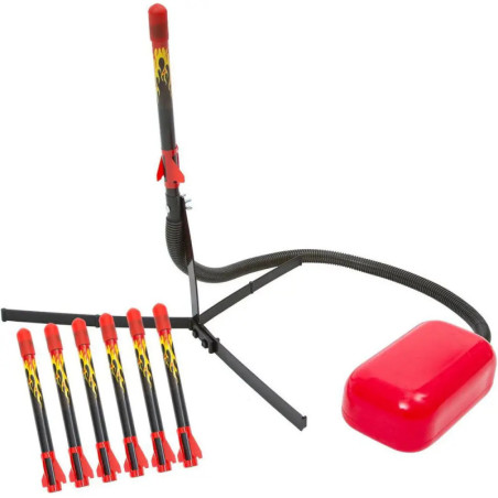 Raketen-Set mit sechs Schaumstoffraketen, Startrampe, Schlauch und roter Fußpumpe.