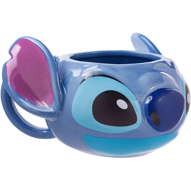 Blaue Tasse aus Keramik in Form eines Cartoon-Aliens mit großen Augen, blauer Nase und rosa Ohren.