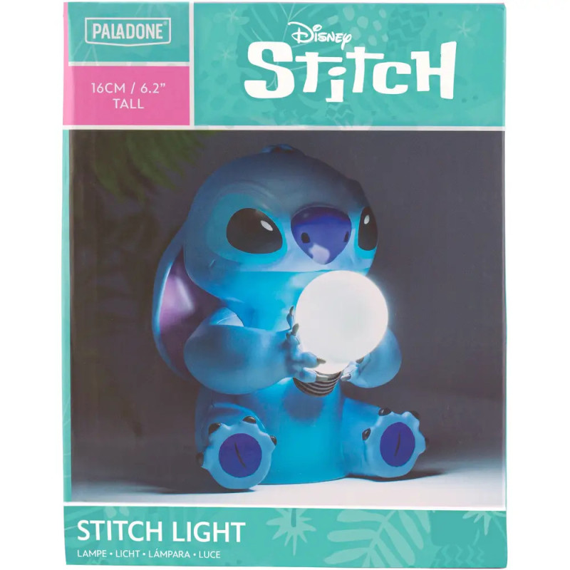 Disney Stitch Lampe, 16 cm hoch, hält eine Glühbirne abgebildet auf der Produktverpackung.