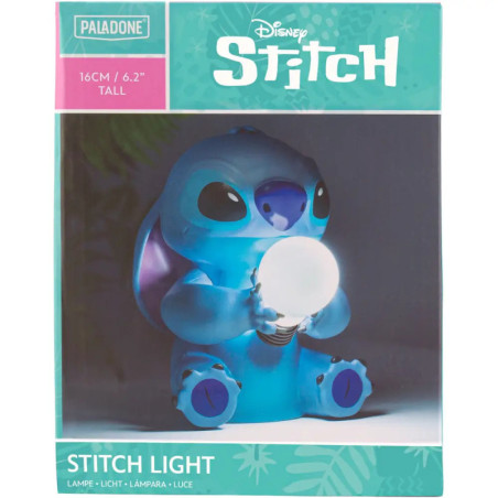 Disney Stitch Lampe, 16 cm hoch, hält eine Glühbirne abgebildet auf der Produktverpackung.