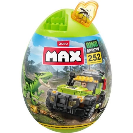 Ei-förmige Verpackung mit Dino-Jeep, Dinosaurier und 252 Teilen, ZURU MAX Dino Adventure Bauset.