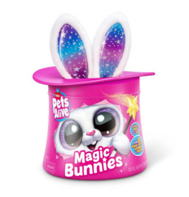 Rosa Zauberhut-Spielzeug mit glitzernden Hasenohren und niedlichem Hasengesicht, beschriftet mit Magic Bunnies.