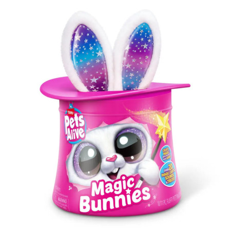 Rosa Zauberhut-Spielzeug mit glitzernden Hasenohren und niedlichem Hasengesicht, beschriftet mit Magic Bunnies.