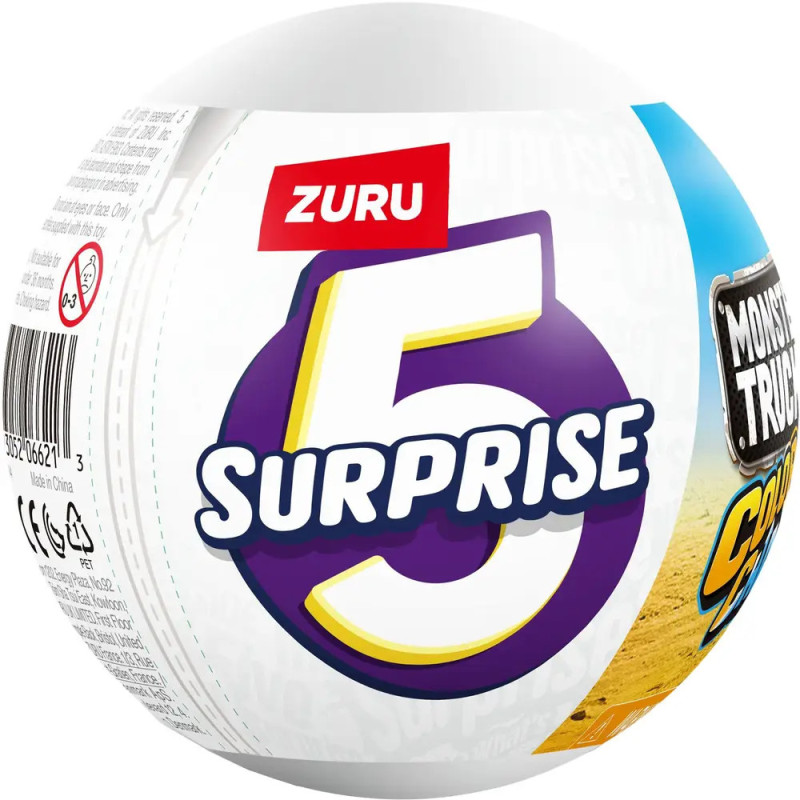 Weiße, kugelförmige Zuru 5 Surprise Kapsel mit auffälligen lila-gelben Grafiken auf der Verpackung.