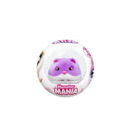 Runde Spielzeugverpackung mit Plüsch-Hamstergesicht in Lila und dem Schriftzug Hamster Mania auf der Vorderseite.
