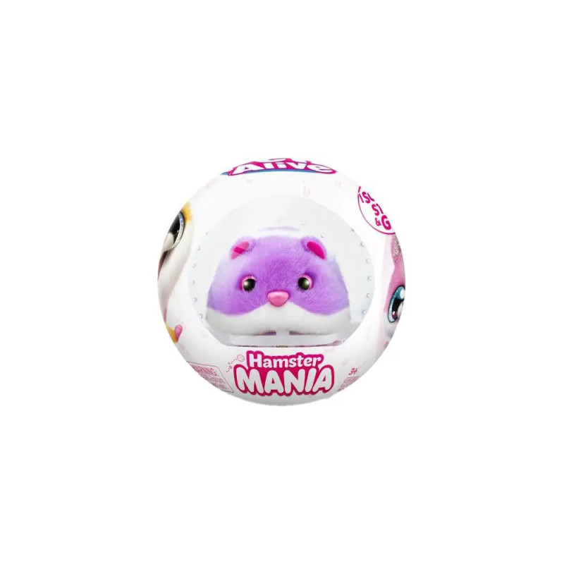 Runde Spielzeugverpackung mit Plüsch-Hamstergesicht in Lila und dem Schriftzug Hamster Mania auf der Vorderseite.