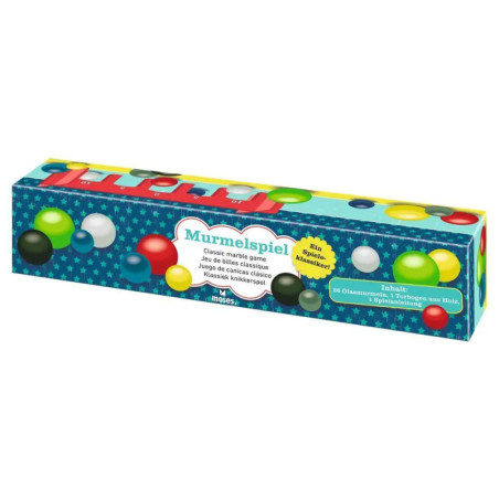 Rechteckige Schachtel eines klassischen Murmelspiels, verziert mit bunten Murmeln und blauem Sternenmuster.