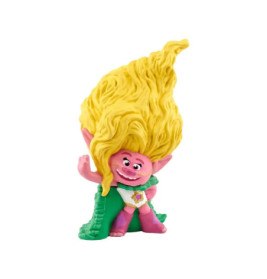 Rosa Trollfigur mit großem gelbem Haar, grünem Umhang und weißem Outfit winkt lächelnd mit einer Hand.