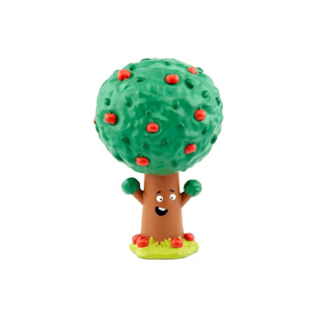 Spielzeug-Apfelbaum im Cartoonstil mit lachendem Gesicht, grünen Blättern und roten Äpfeln an den Zweigen.
