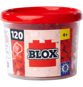 Behälter mit 120 roten Blox-Bausteinen, ab 4 Jahren, roter Deckel, transparente Box.