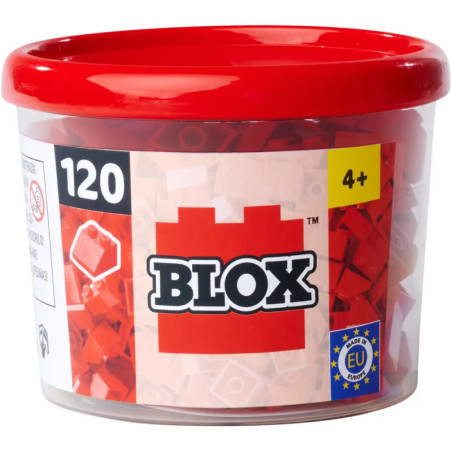 Behälter mit 120 roten Blox-Bausteinen, ab 4 Jahren, roter Deckel, transparente Box.