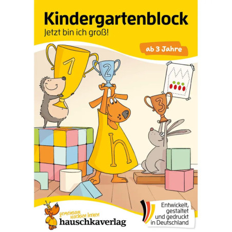 Cartoon-Tiere mit Pokalen auf bunten Blöcken Kindergarten-Übungsblock für Kinder ab 3 Jahren.