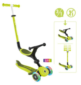 Grün-schwarzer 3-in-1-Kinderroller mit LED-Rädern, höhenverstellbarem Lenker und abnehmbarem Sitz.