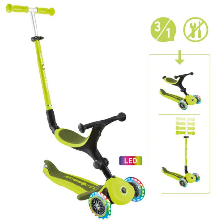Grün-schwarzer 3-in-1-Kinderroller mit LED-Rädern, höhenverstellbarem Lenker und abnehmbarem Sitz.