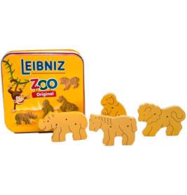 Leibniz Zoo Original Keksdose mit davor liegenden Keksen in Tierform.