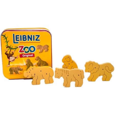 Leibniz Zoo Original Keksdose mit davor liegenden Keksen in Tierform.